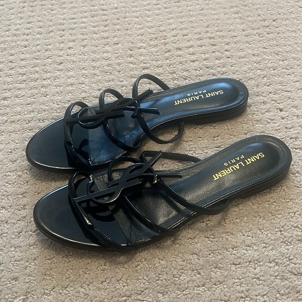 Saint Laurent Black Patent Cassandre Slide Sandals - Picture 3 of 6